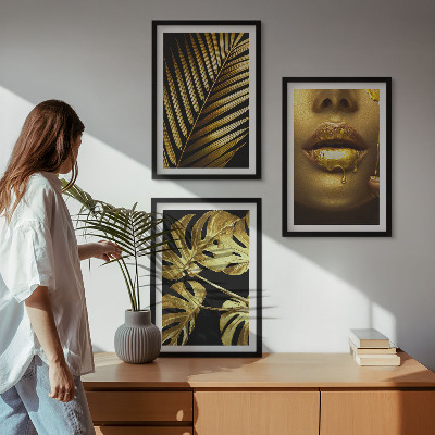 Three-piece wall art piece Monstera palm woman's mouth