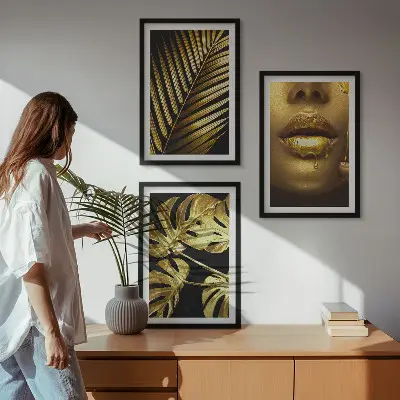 Monstera palm and woman's mouth wall art three-piece set