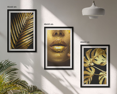 Three-piece wall art piece Monstera palm woman's mouth