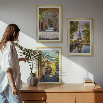 Set of 3 framed wall art pieces Streets of Eiffel architecture