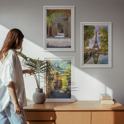 Set of 3 framed wall art pieces Streets of Eiffel architecture