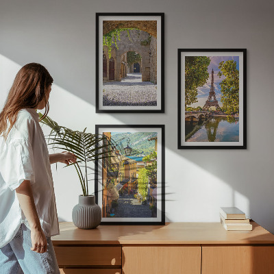 Set of 3 framed wall art pieces Streets of Eiffel architecture