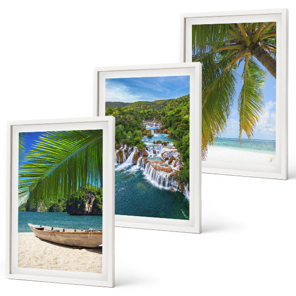 Three-piece wall art piece Beach, boat, waterfalls, palm trees