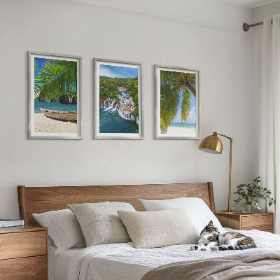 Three-piece wall art piece Beach, boat, waterfalls, palm trees
