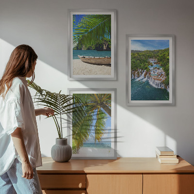Three-piece wall art piece Beach, boat, waterfalls, palm trees