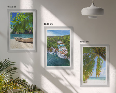Three-piece wall art piece Beach, boat, waterfalls, palm trees