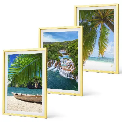 Three-piece wall art set featuring beach, boat, waterfall, and palm tree scenery
