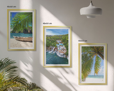 Three-piece wall art piece Beach, boat, waterfalls, palm trees