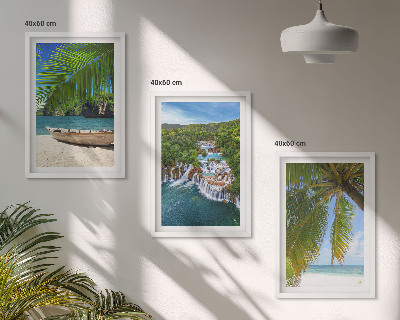 Three-piece wall art piece Beach, boat, waterfalls, palm trees