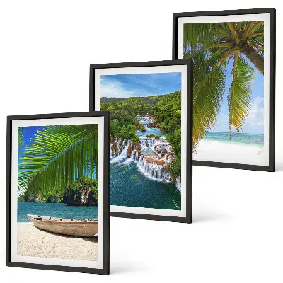 Three-piece wall art set featuring beach, boat, waterfall, and palm tree scenery
