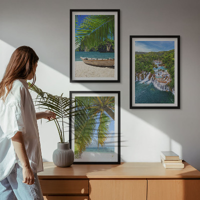 Three-piece wall art piece Beach, boat, waterfalls, palm trees