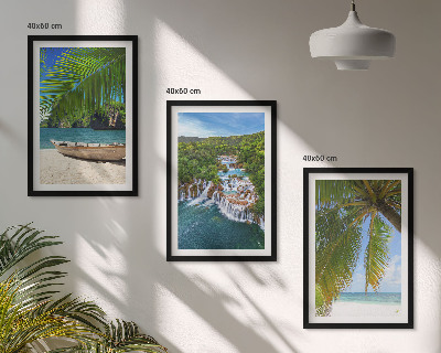 Three-piece wall art piece Beach, boat, waterfalls, palm trees