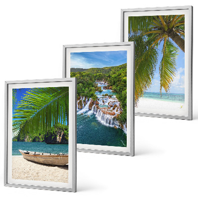 Three-piece wall art piece Beach, boat, waterfalls, palm trees