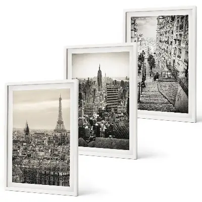 Set of 3 framed wall art pieces featuring views of stairs in Paris and New York