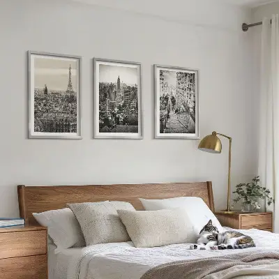 Set of 3 framed wall art pieces featuring views of stairs in Paris and New York