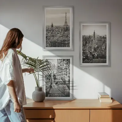 Set of 3 framed wall art pieces featuring views of stairs in Paris and New York