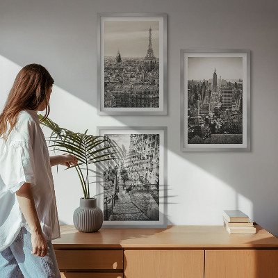 Set of 3 framed wall art pieces Views Paris New York stairs