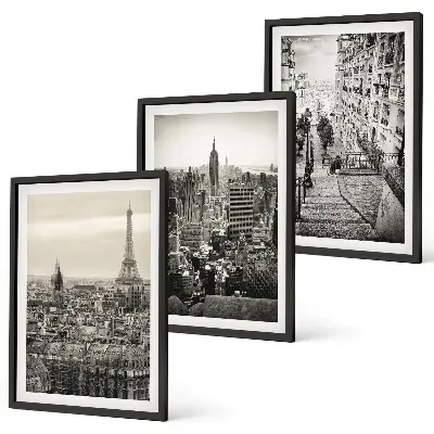 Set of 3 framed wall art pieces featuring views of stairs in Paris and New York
