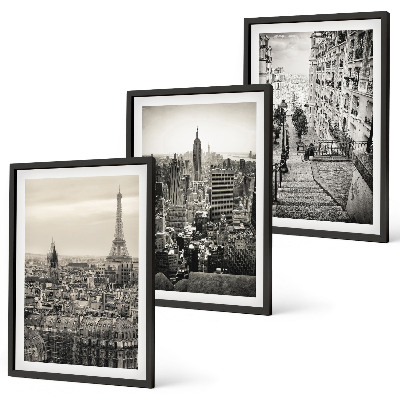 Set of 3 framed wall art pieces Views Paris New York stairs