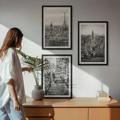 Set of 3 framed wall art pieces featuring views of stairs in Paris and New York