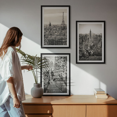Set of 3 framed wall art pieces Views Paris New York stairs