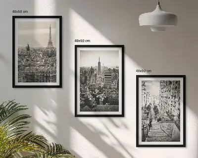 Set of 3 framed wall art pieces featuring views of stairs in Paris and New York