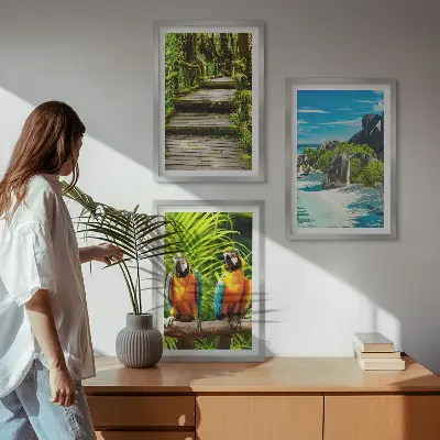 Tropical forest parrot waterfall wall art set 
