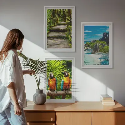 Tropical forest parrot waterfall wall art set 