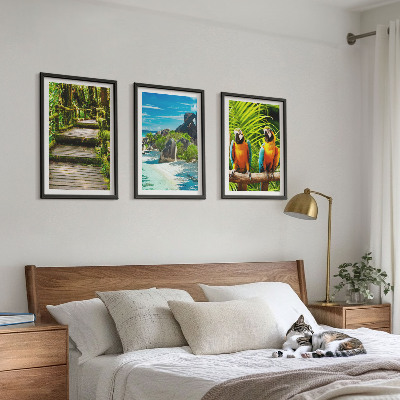 Wall art set Tropical forest parrot waterfall