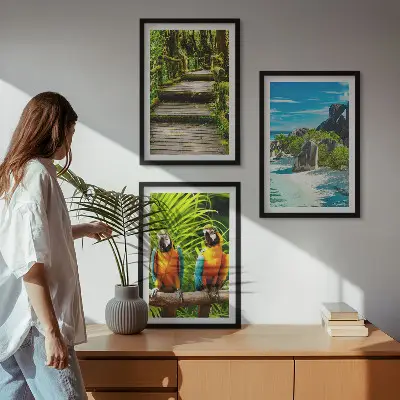 Tropical forest parrot waterfall wall art set 