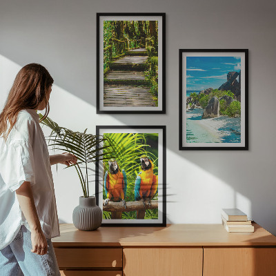 Wall art set Tropical forest parrot waterfall
