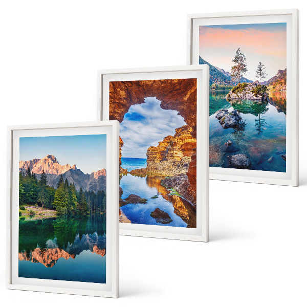 Three-piece wall art piece Mountain lakes rock reflections