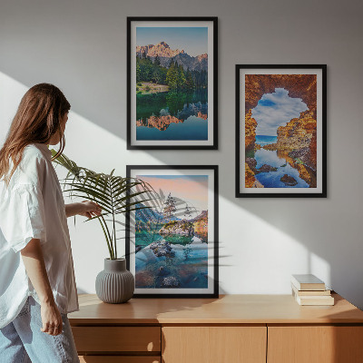 Three-piece wall art piece Mountain lakes rock reflections
