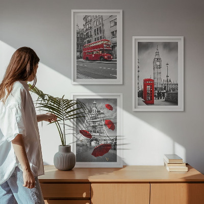Set of 3 framed wall art pieces Red Accents London