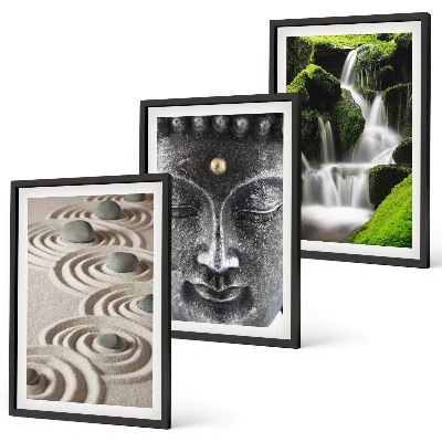 Set of 3 framed wall art pieces The Peace of the Stones of the Buda Zen Waterfall