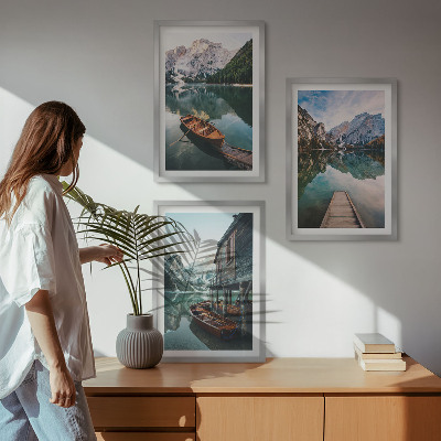 Set of 3 framed wall art pieces Lake, mountains, boats, cottage