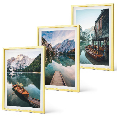 Set of 3 framed wall art pieces Lake, mountains, boats, cottage