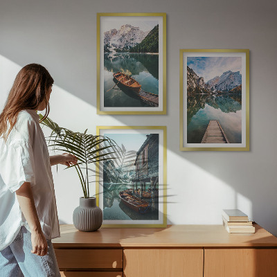Set of 3 framed wall art pieces Lake, mountains, boats, cottage