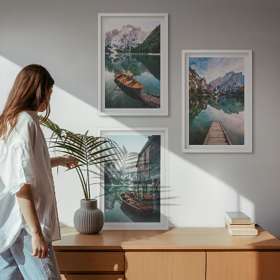 Set of 3 framed wall art pieces Lake, mountains, boats, cottage