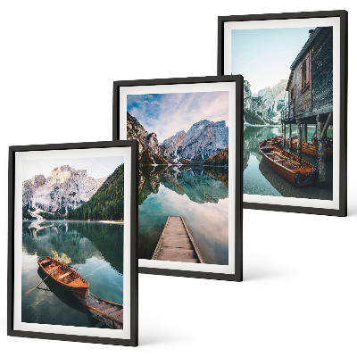 Set of 3 framed wall art pieces Lake, mountains, boats, cottage