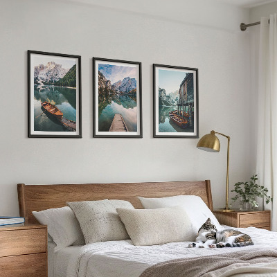 Set of 3 framed wall art pieces Lake, mountains, boats, cottage