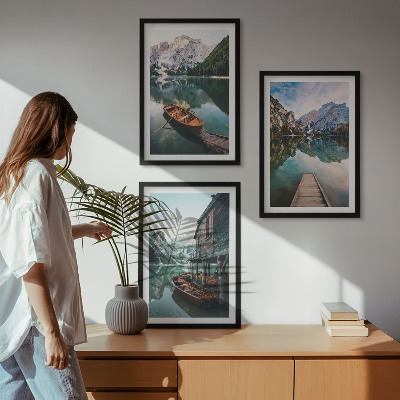 Set of 3 framed wall art pieces Lake, mountains, boats, cottage