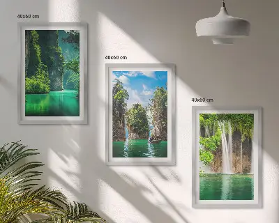Three-piece waterfall landscape wall art green scenery set