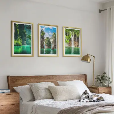 Three-piece waterfall landscape wall art green scenery set