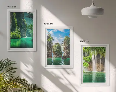 Three-piece waterfall landscape wall art green scenery set