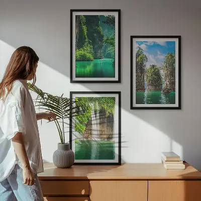 Three-piece waterfall landscape wall art green scenery set