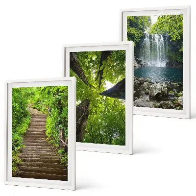 Set of 3 framed wall art pieces featuring a forest path with a waterfall and lush vegetation