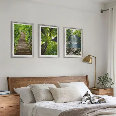 Set of 3 framed wall art pieces featuring a forest path with a waterfall and lush vegetation
