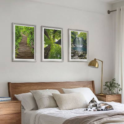 Set of 3 framed wall art pieces Path forest waterfall vegetation