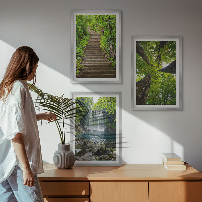 Set of 3 framed wall art pieces Path forest waterfall vegetation